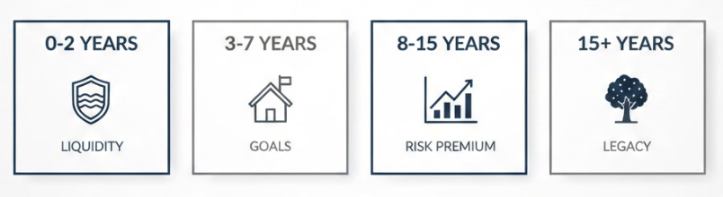 Linha do tempo com quatro horizontes de investimento (0–2, 3–7, 8–15 e 15+ anos) e ícones de liquidez, metas, prêmio de risco e legado.